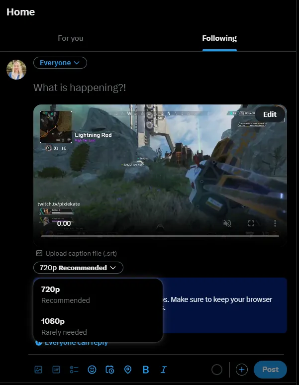 Captura de pantalla que muestra la cuenta de Twitter de pixiekate13 mientras prepara la carga de un video.  Las opciones de resolución muestran 720p o 1080p.  Debajo de 1080p están las palabras. "rara vez es necesario."