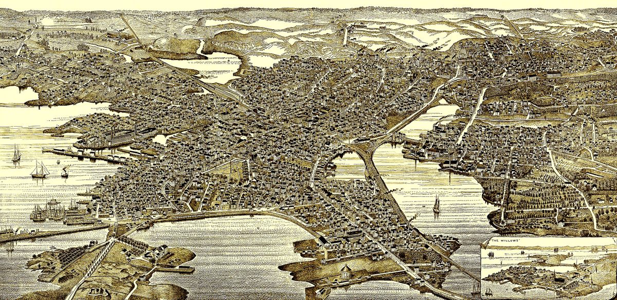 Cuando se hizo este mapa en 1883, la ciudad de Salem (ubicada en la península central inferior del mapa) se conocía simplemente como Salem, y la aldea rural de Salem (en la esquina superior derecha del mapa en el borde de la ciudad) había pasado a llamarse Danvers, Massachusetts. .