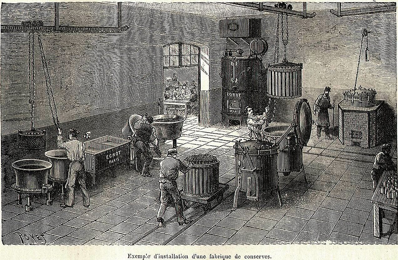 Un grabado de 1898 de una fábrica francesa de conservas. 