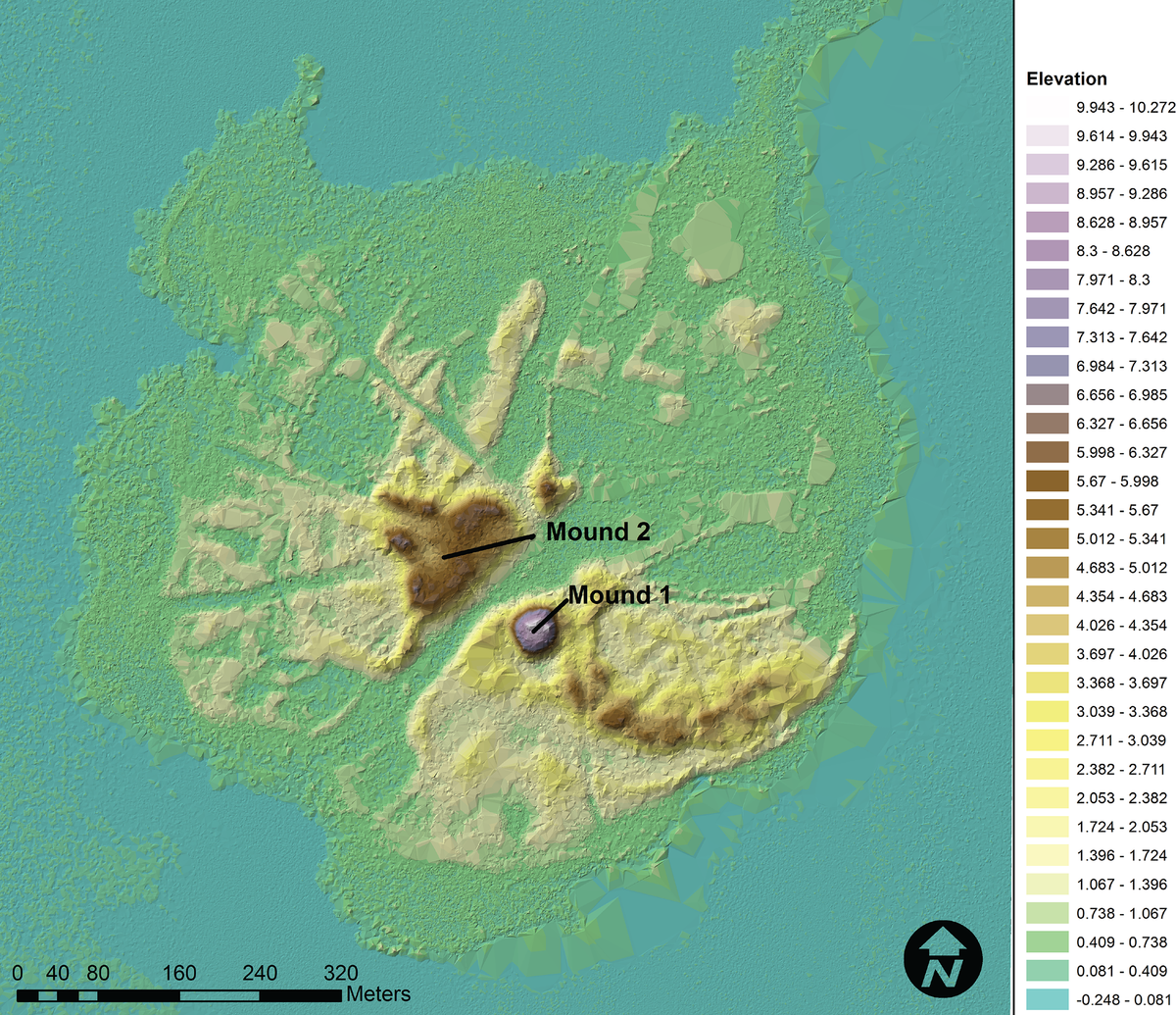 Un mapa de elevación digital de Mound Key muestra tanto las características del terreno como una red de canales, todos diseñados y construidos por los Calusa hace siglos.