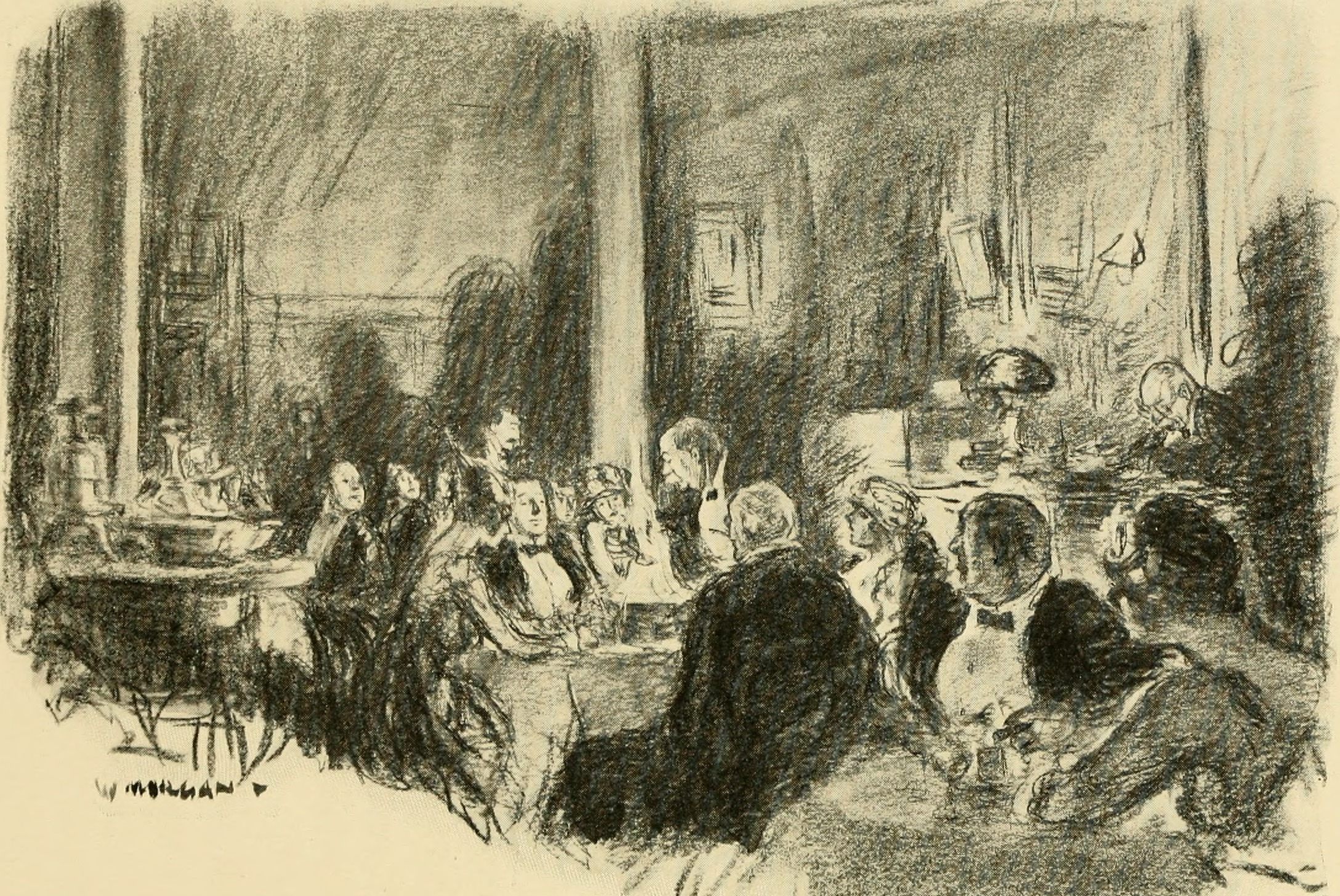 Un boceto de 1917 de una cena en el restaurante Antoine's en Nueva Orleans.