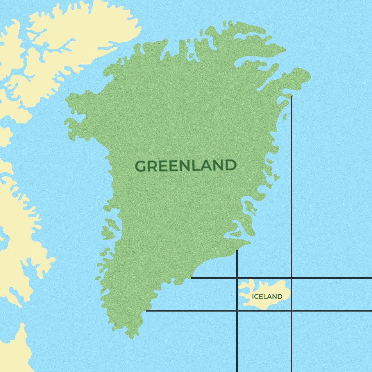 Groenlandia está más al norte, sur, este y oeste que Islandia.