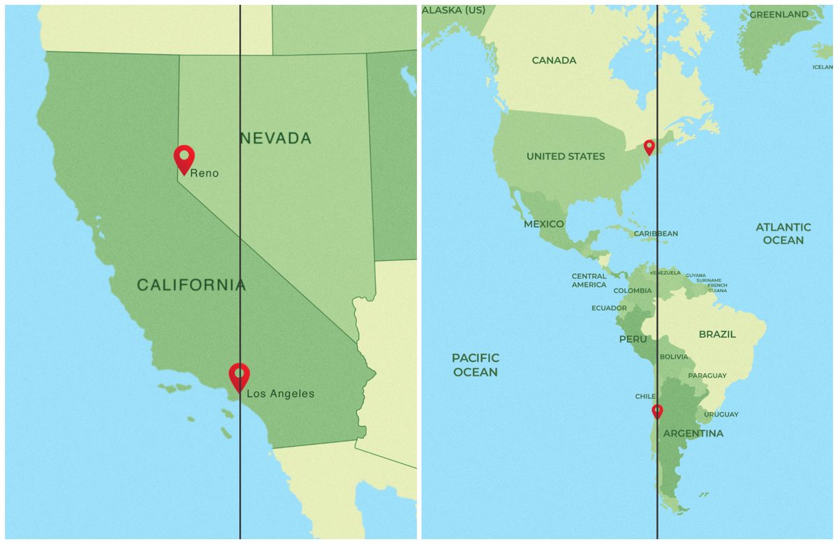 Reno está al oeste de Los Ángeles y Nueva York está al oeste de Santiago, Chile.