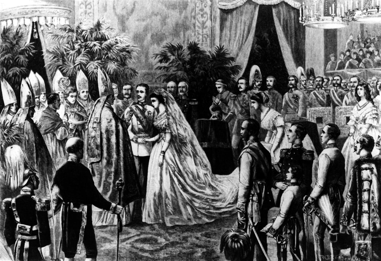 Hasta ahora, los artistas sólo podían adivinar cómo sería el vestido de novia de la emperatriz Sisi, como se muestra en una interpretación creativa de 1854.