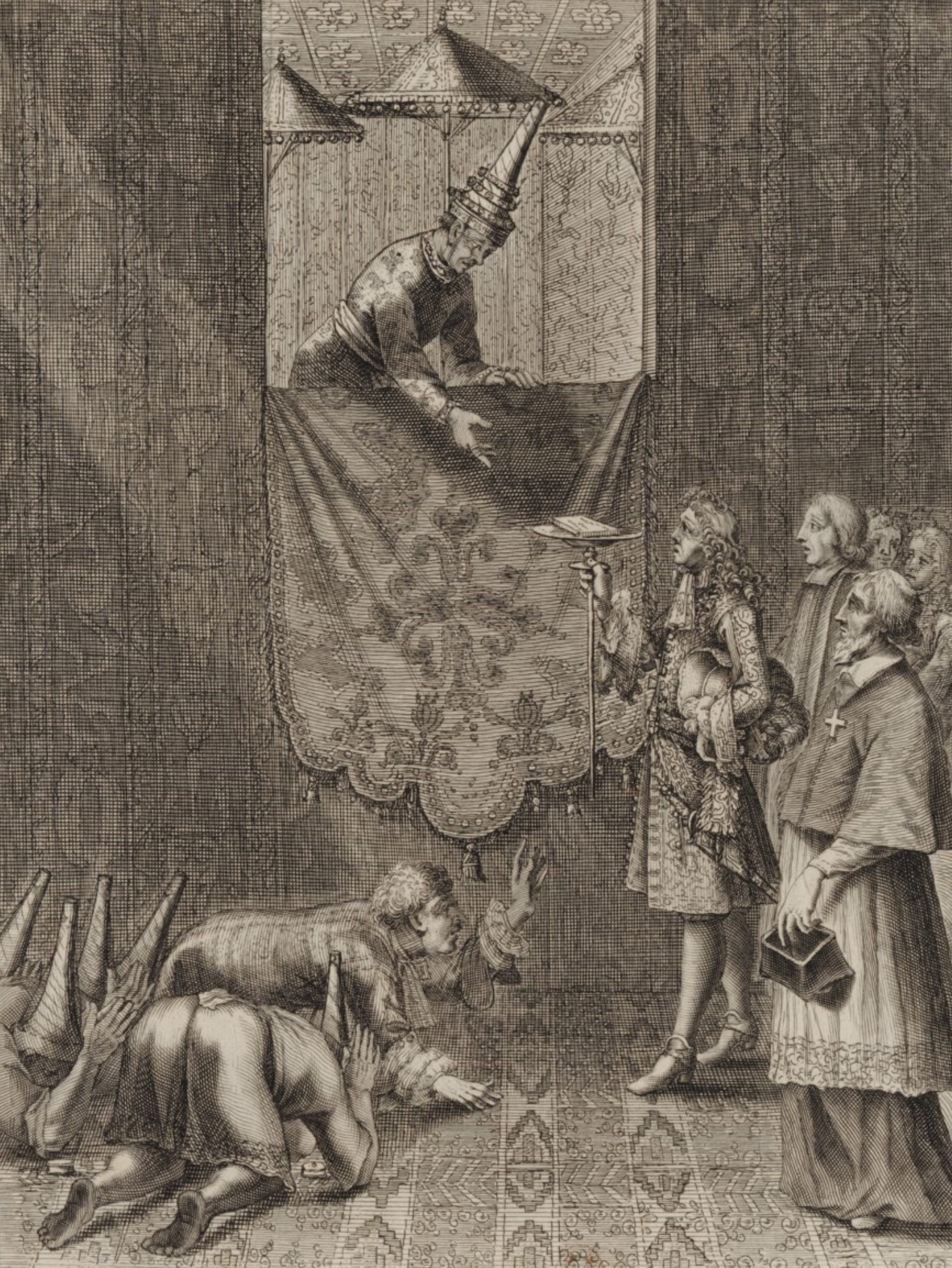 En este dibujo de 1685, Phaulkon (abajo a la izquierda) le hace un gesto al embajador francés para que levante su mensaje para que el rey no tenga que inclinarse, una de las muchas reglas estrictas de la corte siamesa.