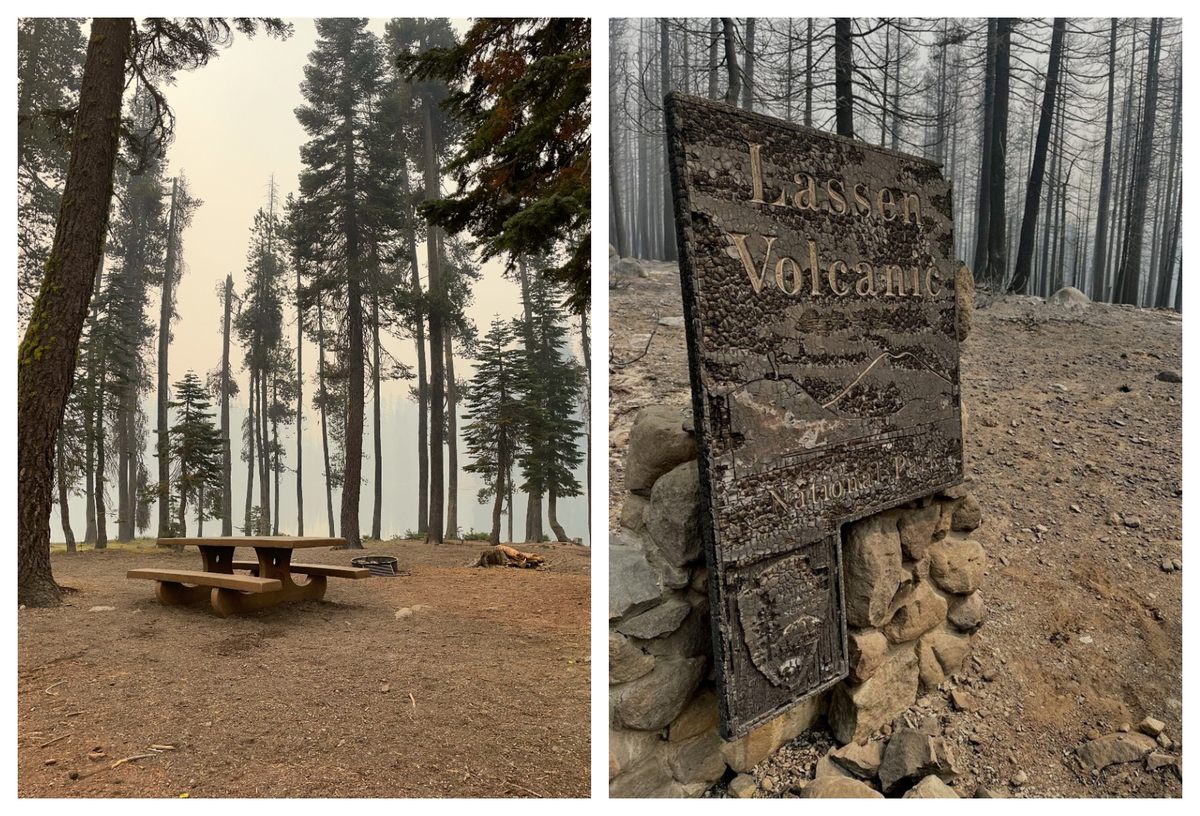 El humo del Dixie Fire se cierne sobre una mesa de picnic en el campamento de Summit Lake del parque (izquierda);  Un letrero del parque cerca de Juniper Lake resultó dañado por el enorme incendio (derecha).