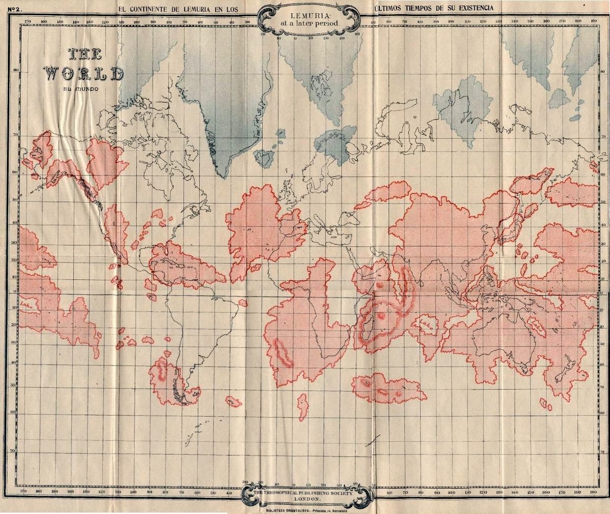 En este mapa de 1896, Lemuria se encuentra en el Pacífico y muchos otros continentes falsos están superpuestos a los continentes reales.