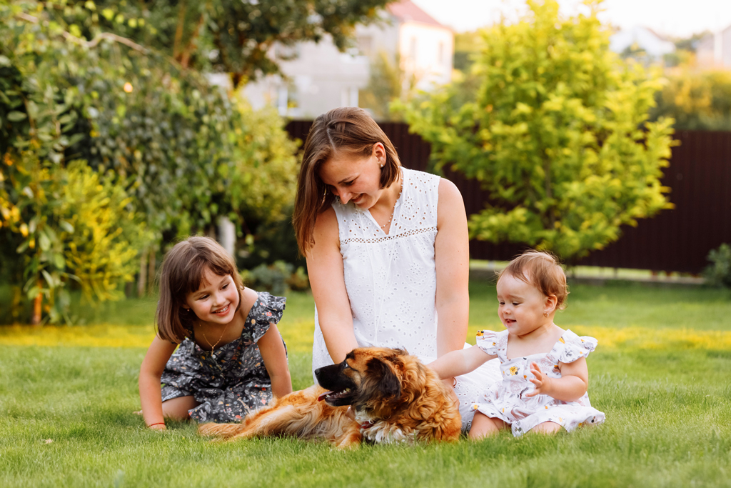 Familia feliz en el patio jugando con el perro