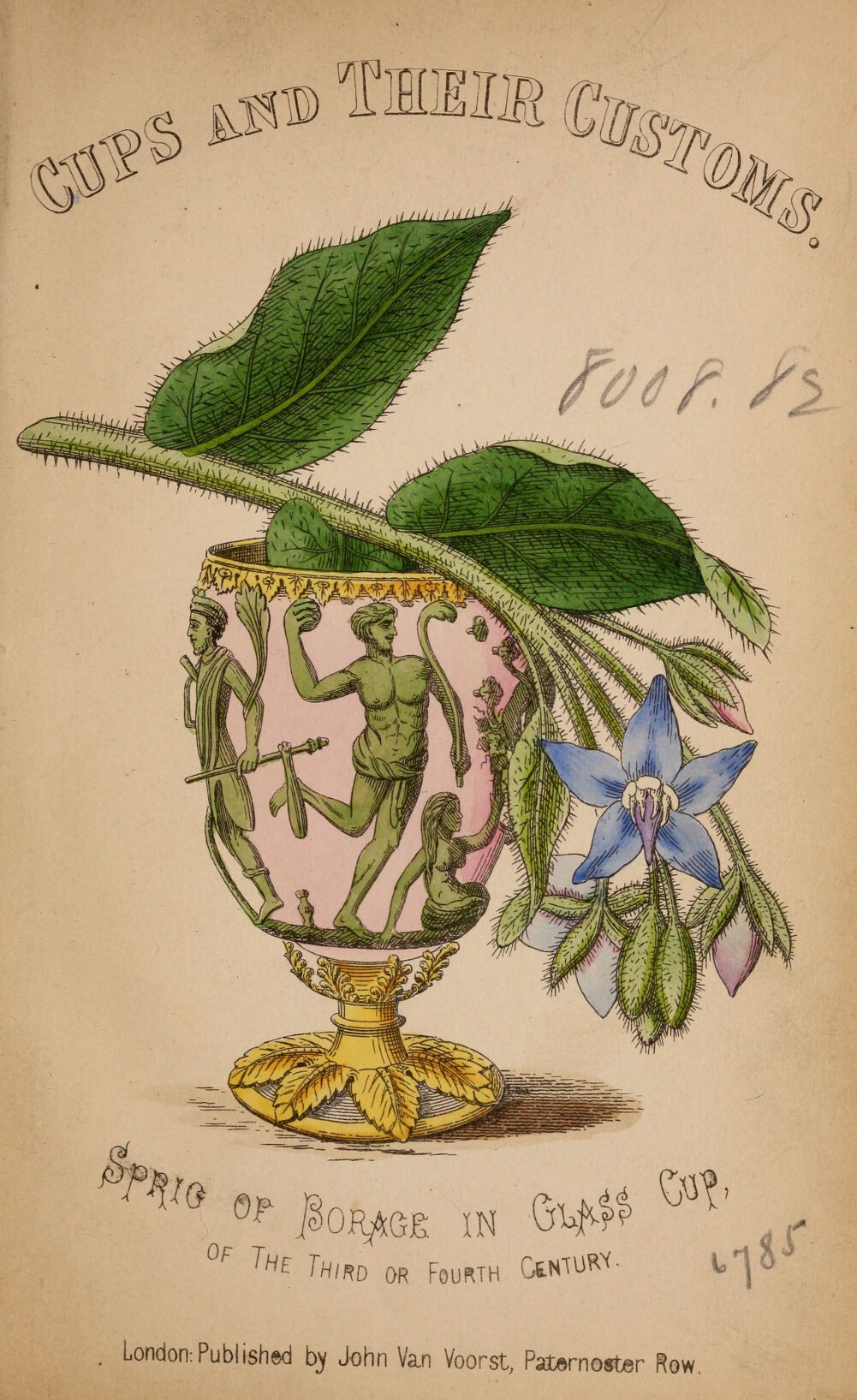 Ilustración de un libro de 1863, de una taza adornada con una ramita de borraja.