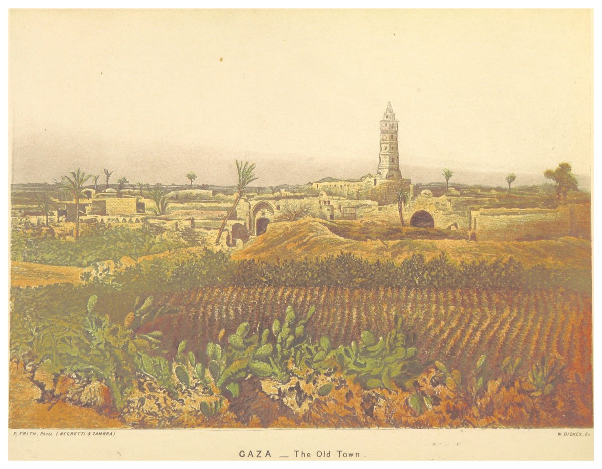 El minarete de la mezquita Omari domina la vista en una ilustración de 1870 de Henry Baker Tristram titulada "Gaza: el casco antiguo."