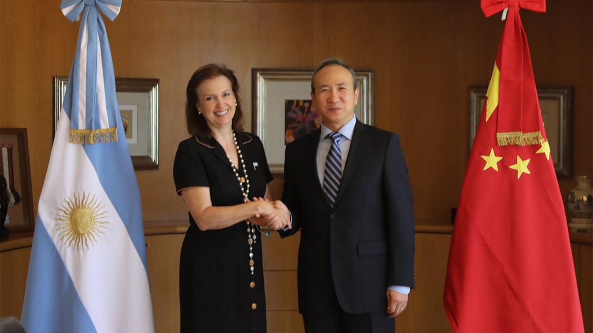 La canciller argentina Diana Mondino junto al embajador chino Wang Wei Foto XDianaMondino