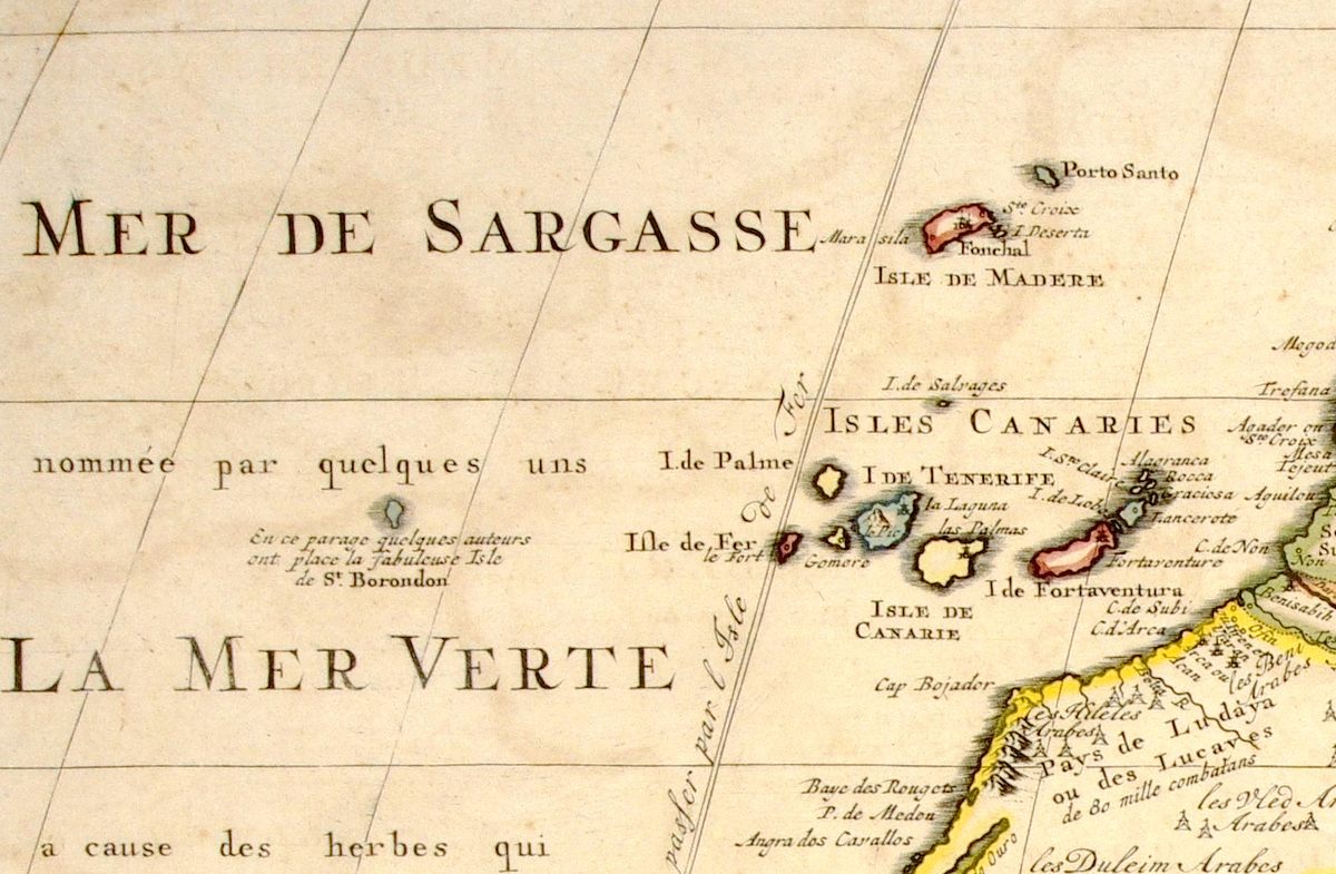 Aquí se muestra la legendaria isla de San Borondón, a la izquierda del mapa de las Islas Canarias de 1733 del cartógrafo francés Guillaume Delisle.