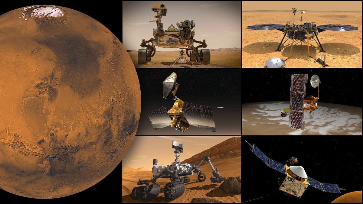 Las recientes misiones a Marte realizadas por la NASA han superado las expectativas.  En el sentido de las agujas del reloj, desde arriba a la izquierda: el rover Perseverance y el helicóptero Ingenuity Mars, el módulo de aterrizaje InSight, el orbitador Odyssey, el orbitador MAVEN, el rover Curiosity y el Mars Reconnaissance Orbiter. 