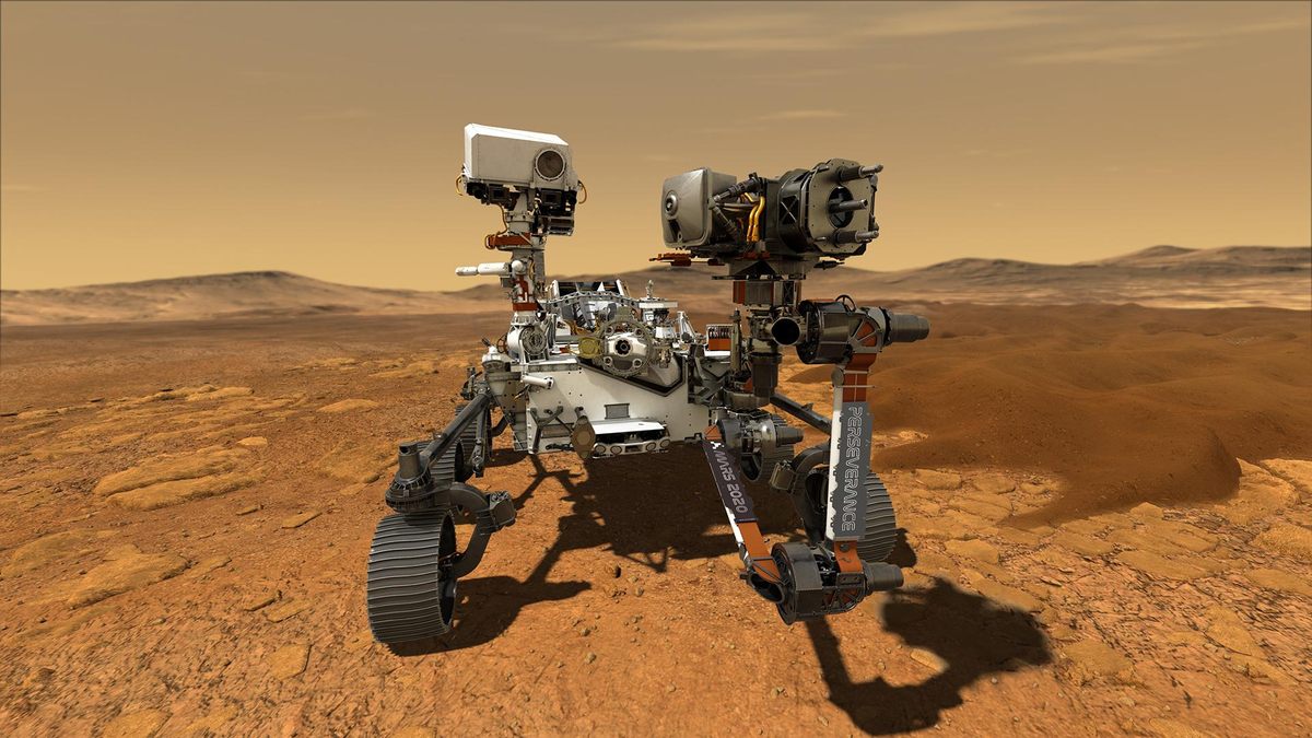 Una representación artística del Perseverance de la NASA en la superficie de Marte.  El rover puede encontrar evidencia de vida antigua en nuestro planeta vecino gracias a pistas encontradas en fósiles terrestres.