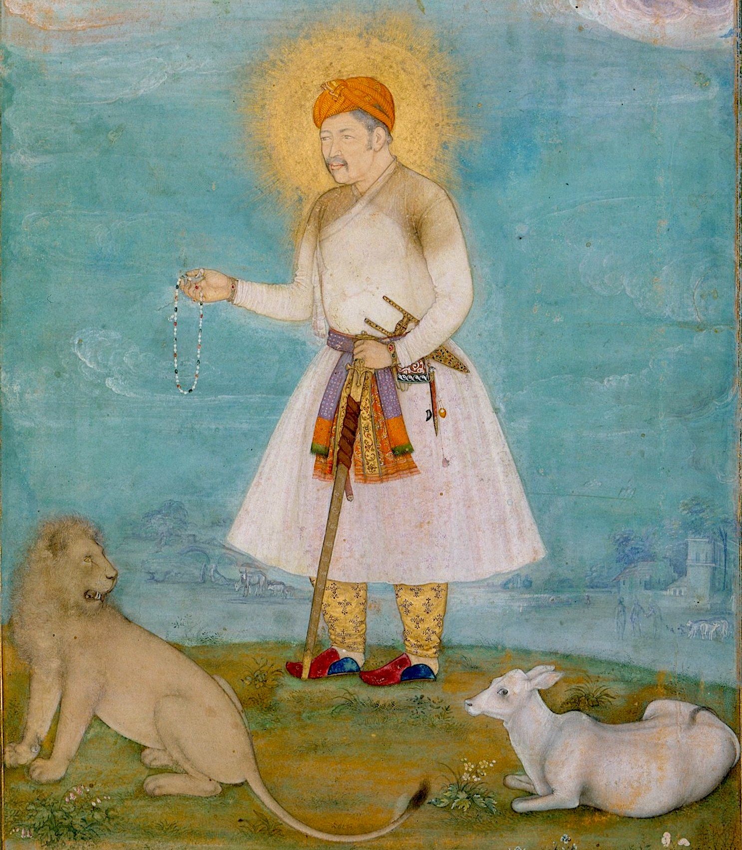 Pintado alrededor de 1630, este retrato póstumo del emperador mogol Akbar muestra un león y un ternero viviendo en paz bajo el benigno gobierno del difunto emperador.