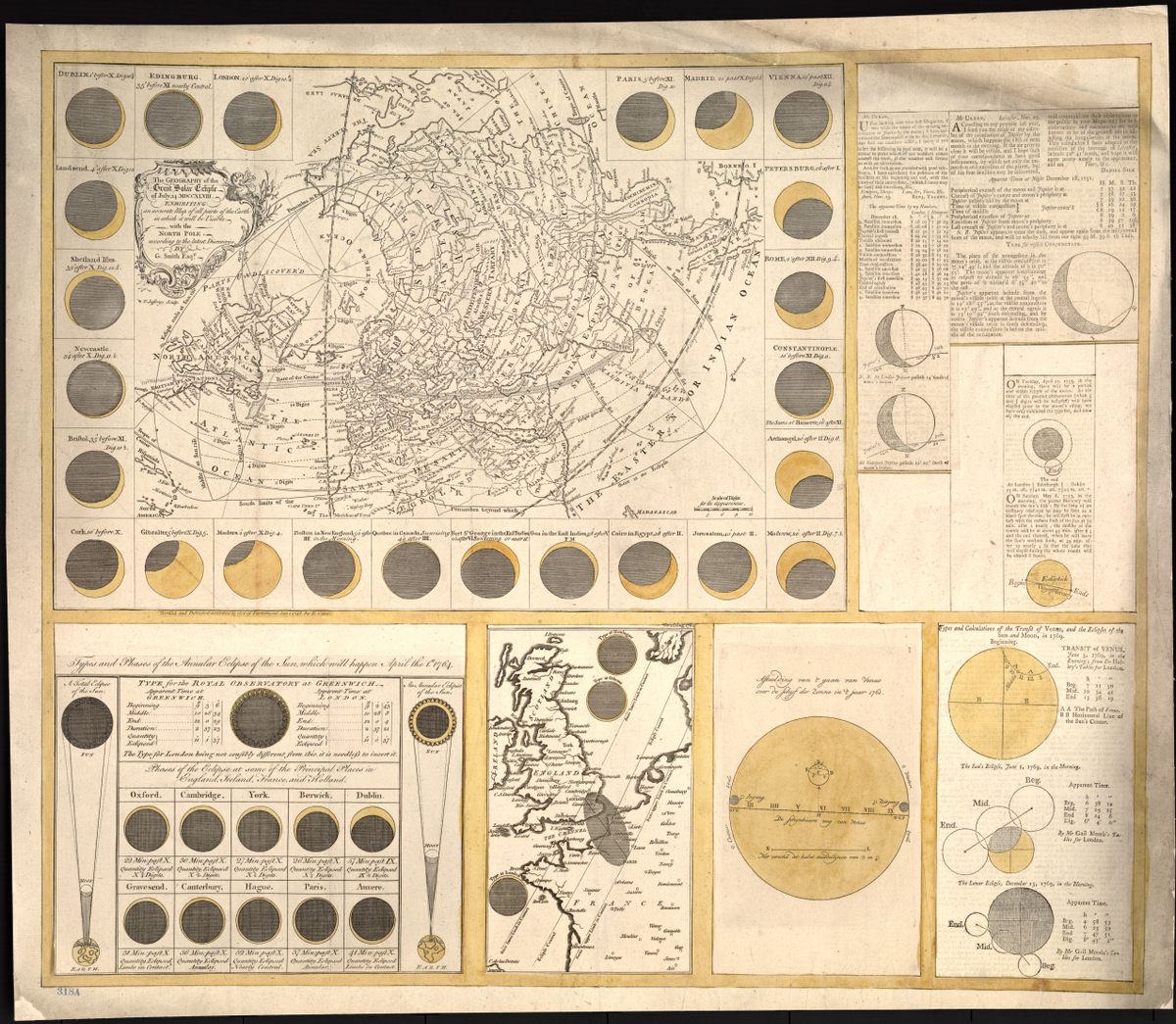 "La geografía del gran eclipse solar del 14 de julio MDCCXLVIII: exhibiendo un mapa preciso de todas las partes de la Tierra en las que será visible, con el Polo Norte, según los últimos descubrimientos," 1748. 