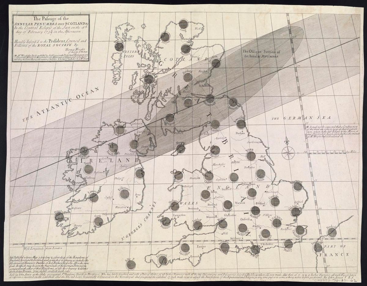 Un mapa de un eclipse anular el 18 de febrero de 1736.