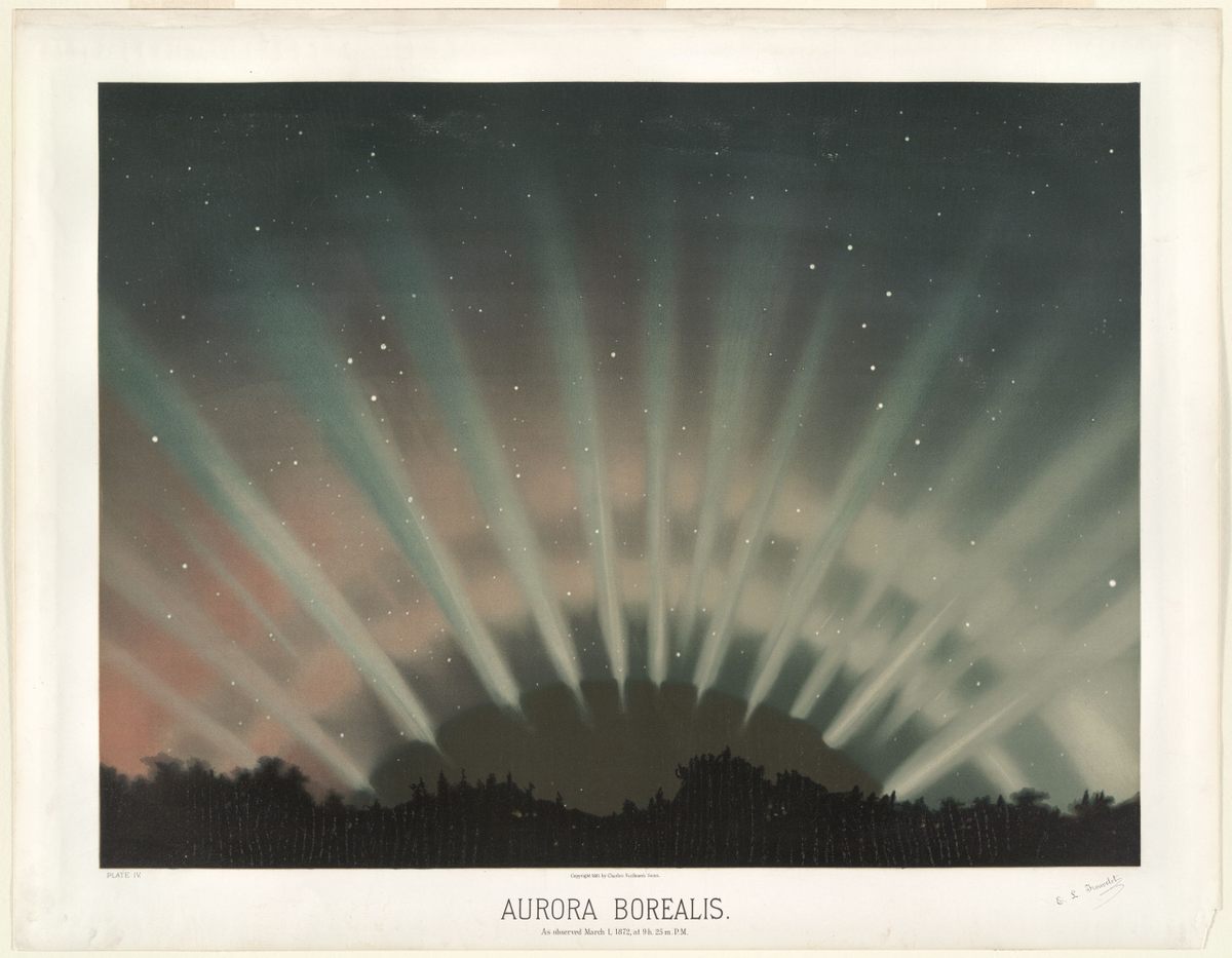 La litografía de la aurora boreal realizada por Trouvelot en la década de 1870 atrajo el interés de los astrónomos y generó una oferta de trabajo en el Observatorio de la Universidad de Harvard.