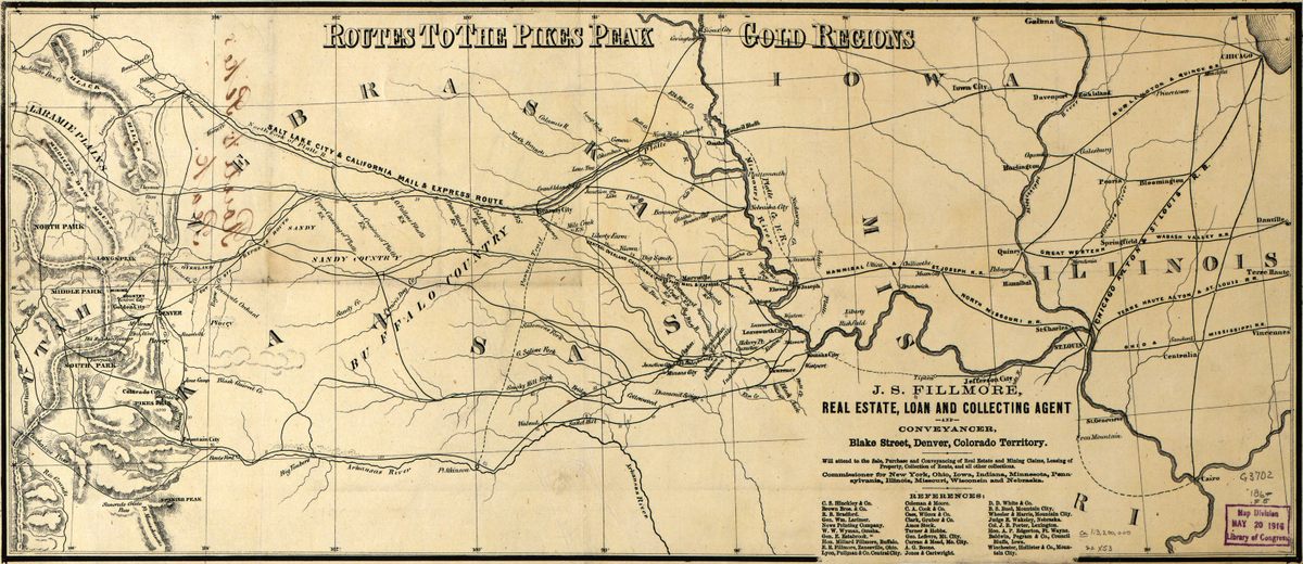 En la década de 1860, los mineros y especuladores utilizaban las rutas que se muestran aquí para viajar a través del Medio Oeste, desde Chicago (arriba a la derecha) hasta Pikes Peak y otras montañas de Colorado (extremo izquierdo).  Una década después, los cazadores de eclipses utilizaron muchas de las mismas rutas.