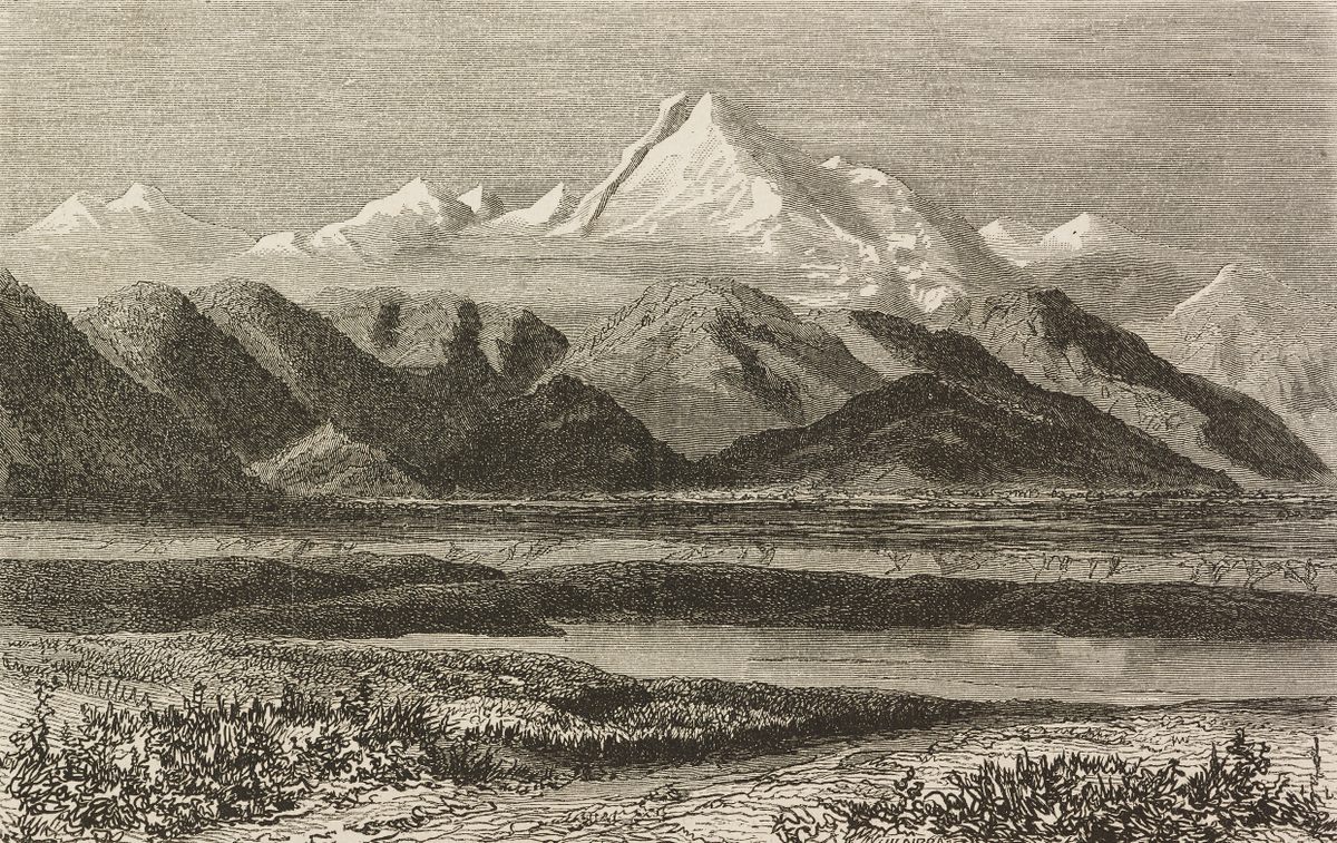 Una imagen de 1868 de Pikes Peak, elevándose sobre montañas menores, por Leon Jean-Baptiste Sabatier.