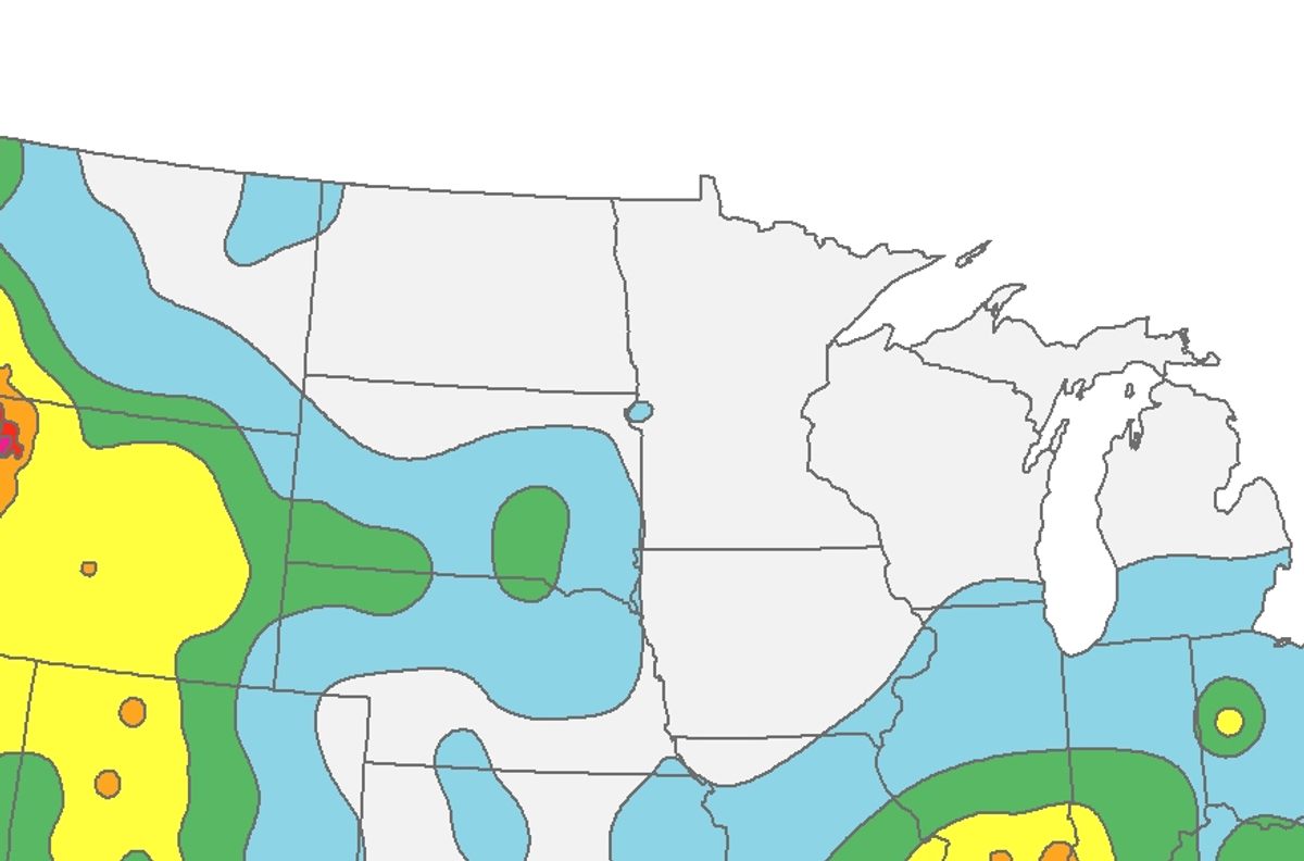 Un pequeño punto azul muestra el único lugar en Minnesota que no estuvo libre de terremotos.