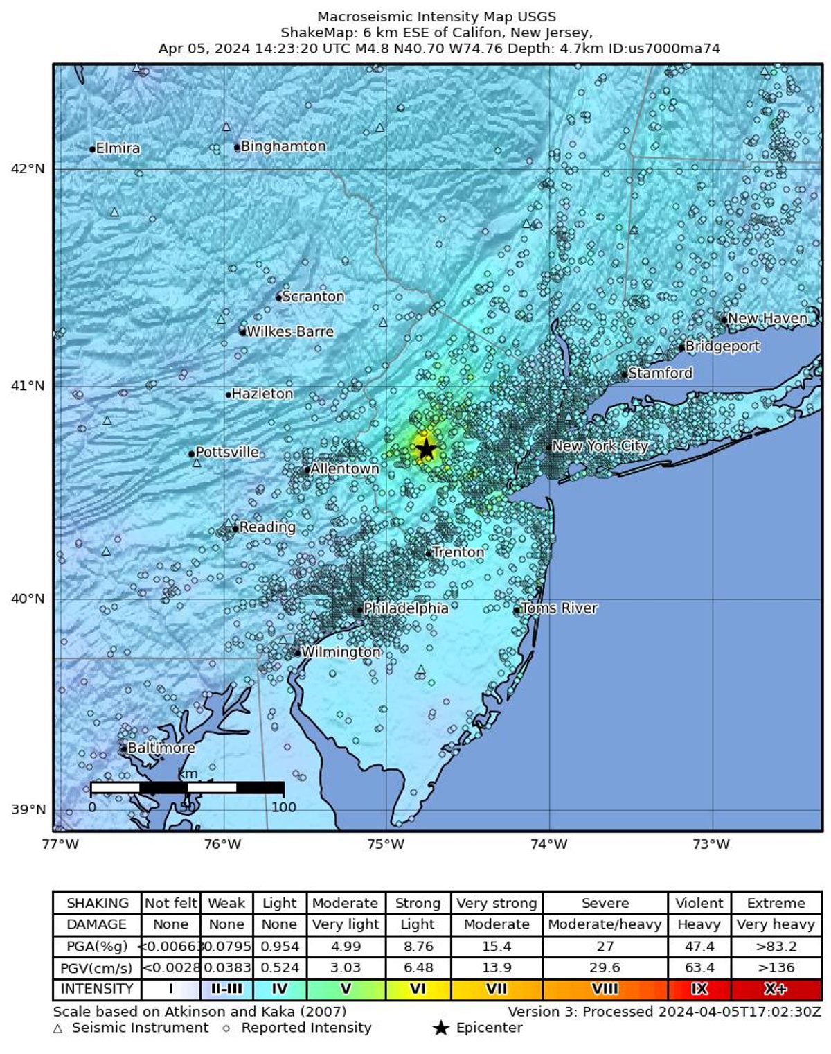 El ampliamente referido "Nueva York" El terremoto del 5 de abril de 2024 en realidad tuvo epicentro en Nueva Jersey, como se ve por los colores en el mapa.