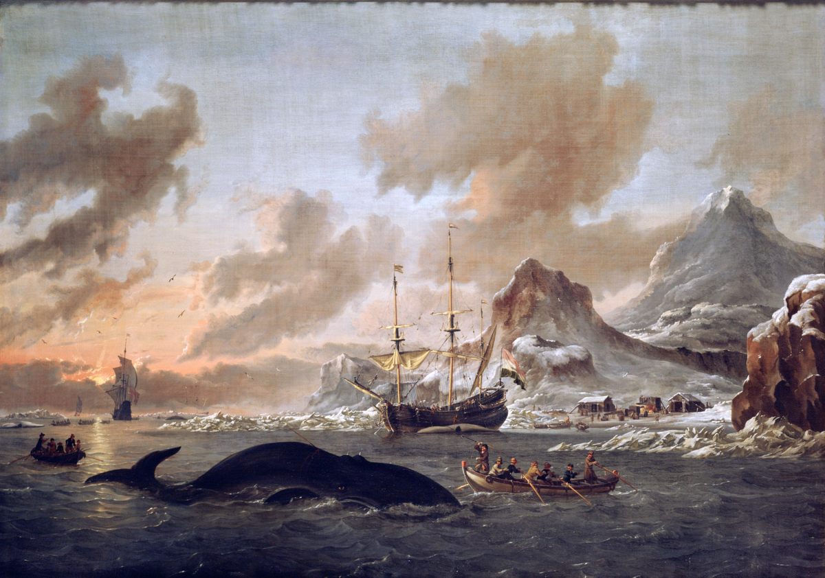 Pintura de Abraham Storck de 1690, "Balleneros holandeses cerca de Spitsbergen," captura la crueldad y el peligro de la industria ballenera en el remoto Ártico.