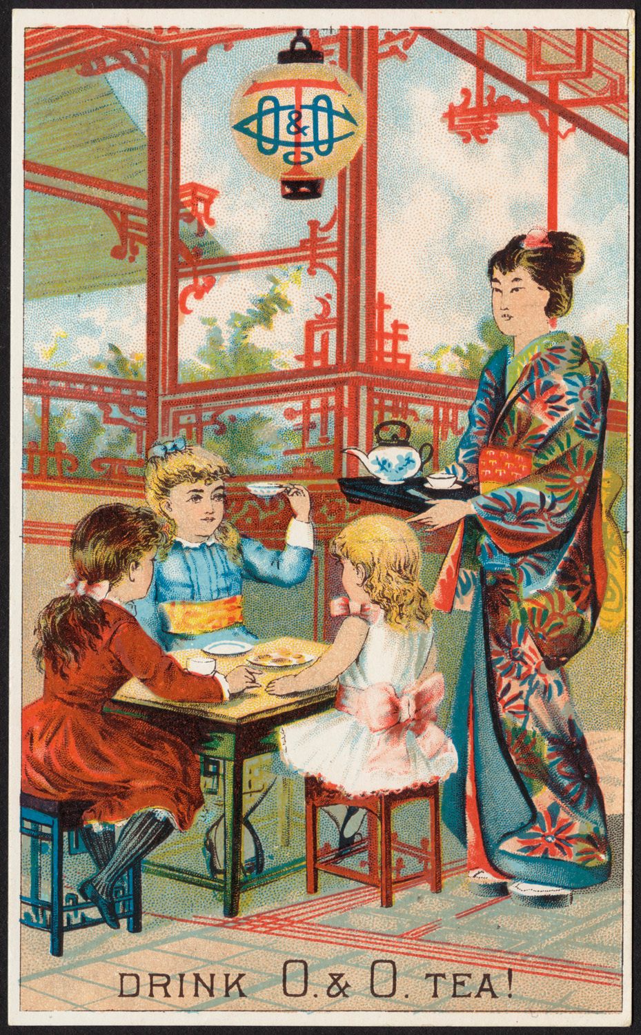 Un anuncio de finales del siglo XIX del importador de té O. & O. ("occidentales y orientales") representa a una mujer japonesa sirviendo té a niños estadounidenses blancos.