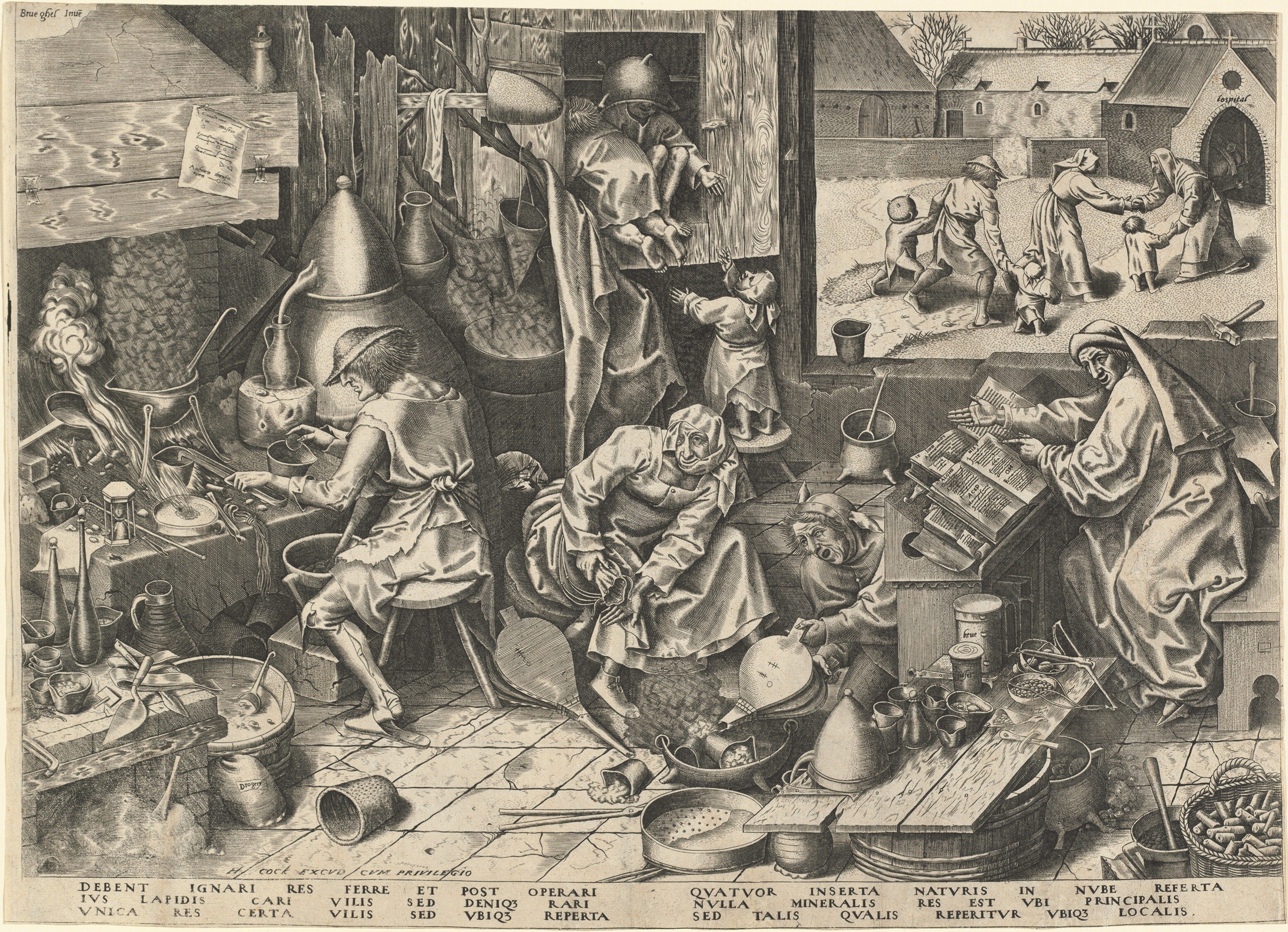 Un grabado de 1588 del artista holandés Pieter Bruegel representa a un alquimista trabajando duro.