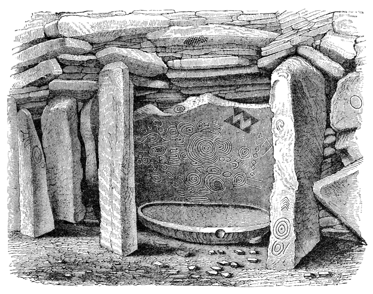 Un dibujo de James Fergusson de las controvertidas tallas de C16, publicado en 1872 después de excavaciones arqueológicas en el complejo de Loughcrew.