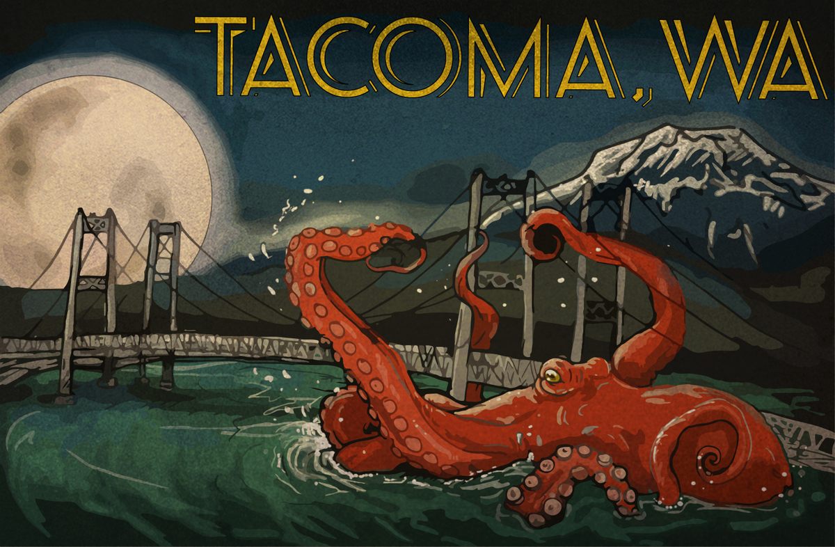 Esta ilustración muestra al Rey Pulpo destrozando el puente Tacoma Narrows.