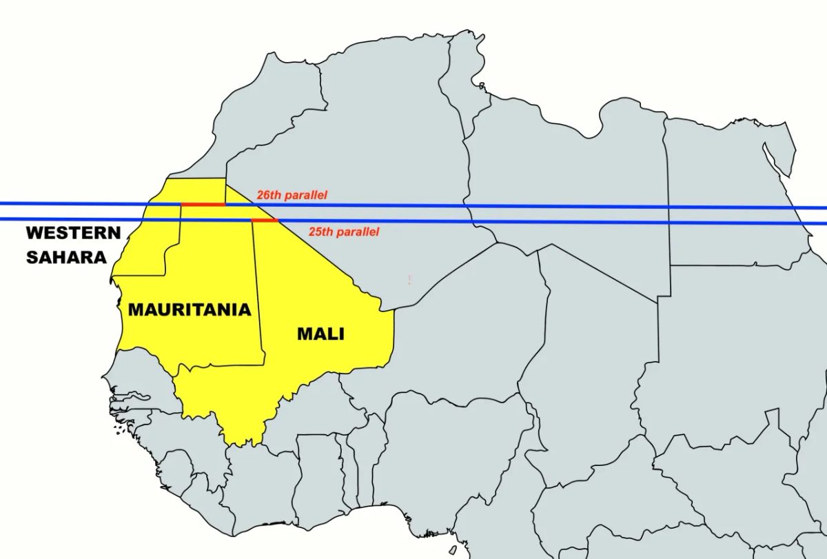 El paralelo 25 y 26 norte (en azul), con las partes que sirven como fronteras internacionales (en rojo). 