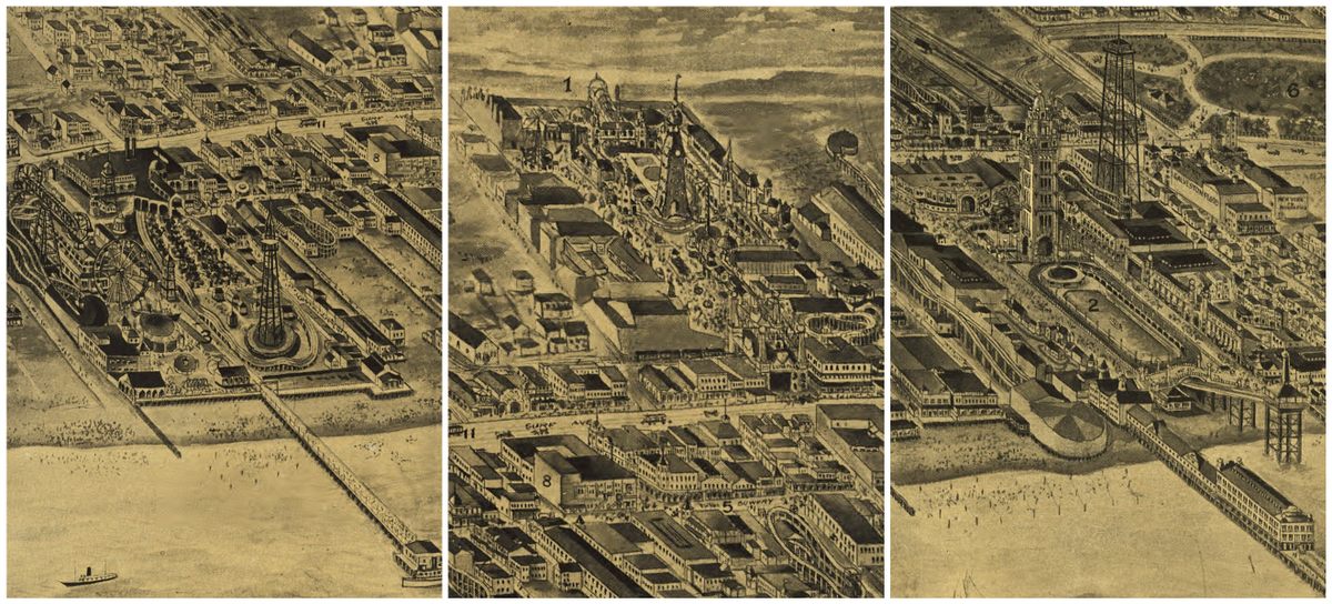 El balancín gigante de Steeplechase es visible a la izquierda;  el centro muestra el Luna Park y su Torre Eléctrica;  y la derecha del mapa es Dreamland.