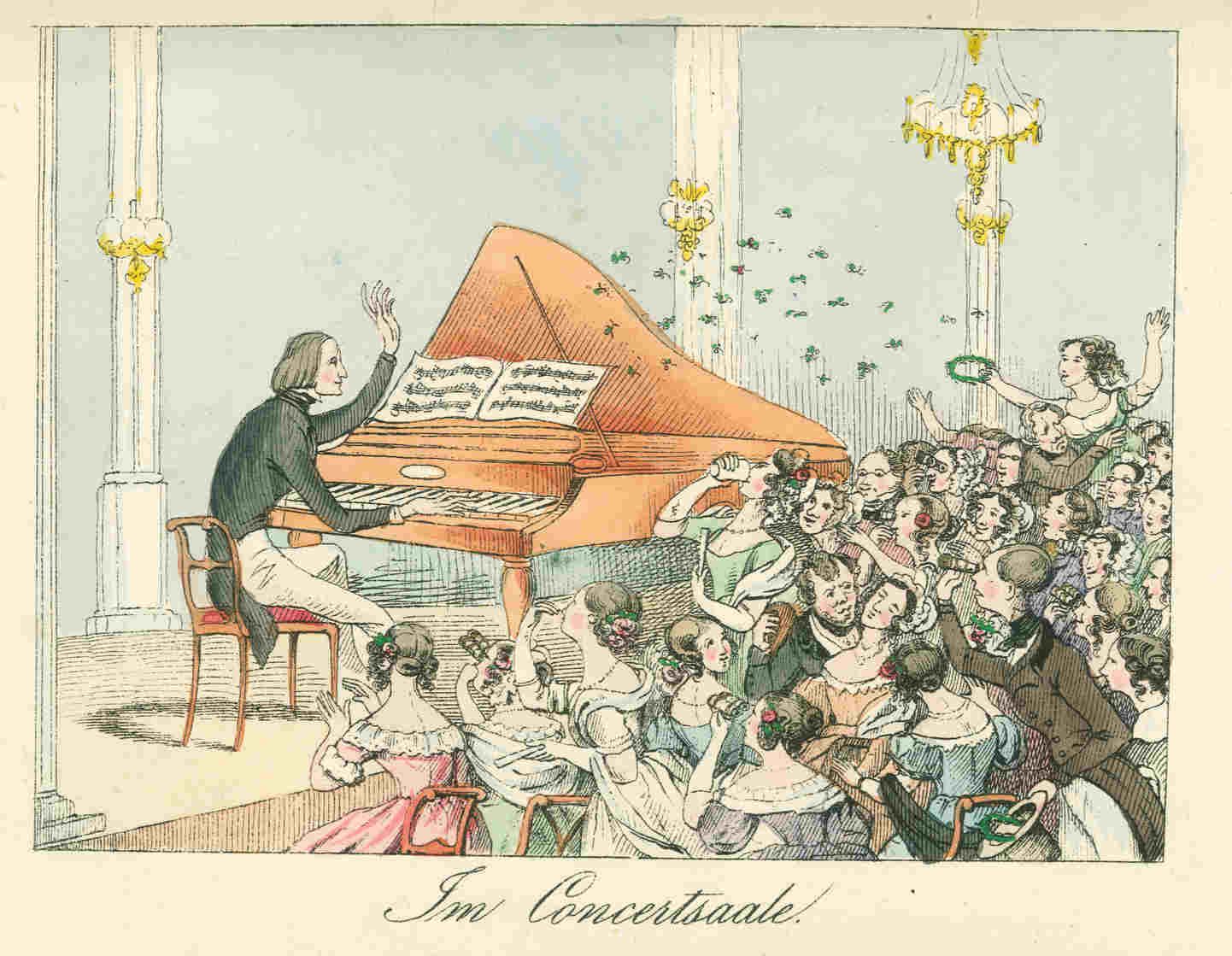 Este grabado de 1842 muestra a Liszt y una multitud de sus adorados seguidores.