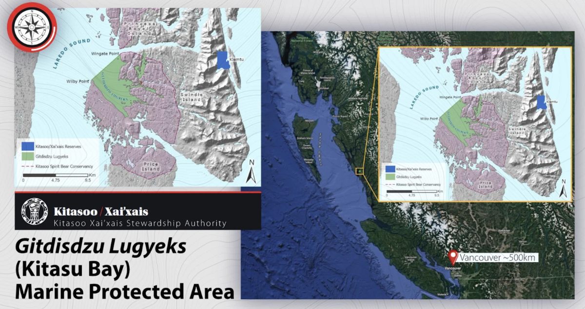 Mapa del área marina protegida Gitdisdzu Lugyeks, liderada por indígenas en la costa central de Columbia Británica.