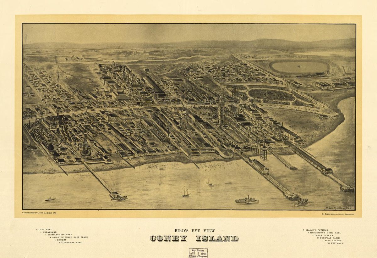 El mapa de John Mark de 1906 muestra la carrera de obstáculos en el extremo izquierdo, el Luna Park en la parte superior central y Dreamland en el extremo derecho.