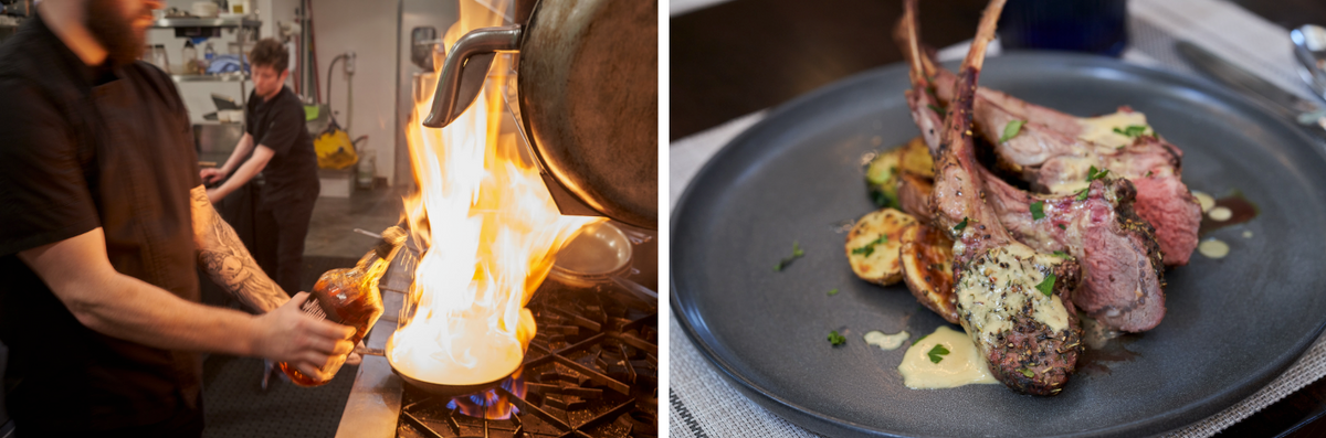 El chef Coltin Cole fuma bourbon para usarlo en la salsa de crema de mostaza y bourbon, un delicioso aderezo para el plato principal de chuletas de cordero en Cole's Hearth Room. 