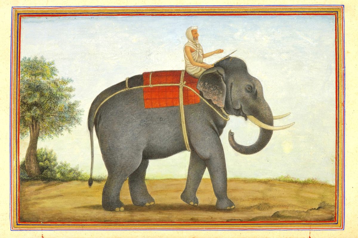 Esta imagen de 1825 muestra a un mahout, un entrenador de elefantes, montando a su potro.