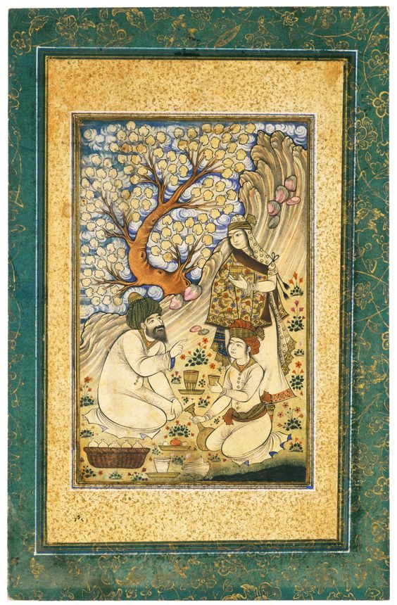 Esta ilustración del siglo XVII, Un anciano, un joven y una mujer haciendo un picnic, formaba parte de un manuscrito de poemas del poeta iraní Hafiz.