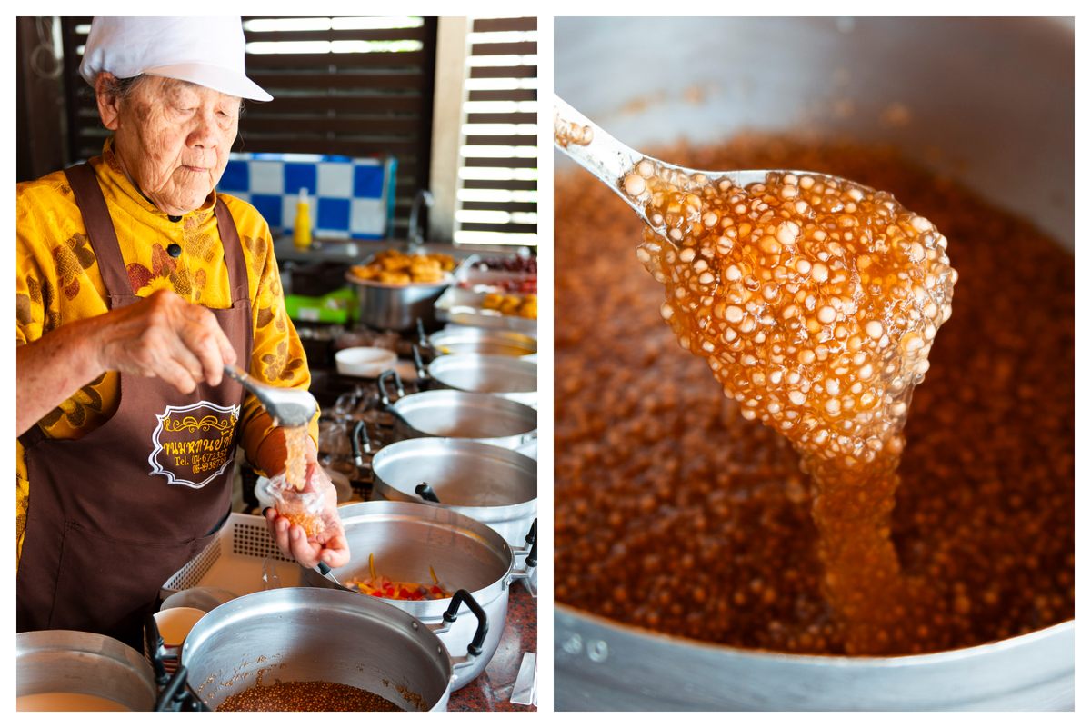 Las auténticas perlas de sagú son cada vez más difíciles de encontrar en Tailandia [left]; Las perlas de sagú se aderezan con leche de coco en Kanomwaan ​​Pakee. [right].