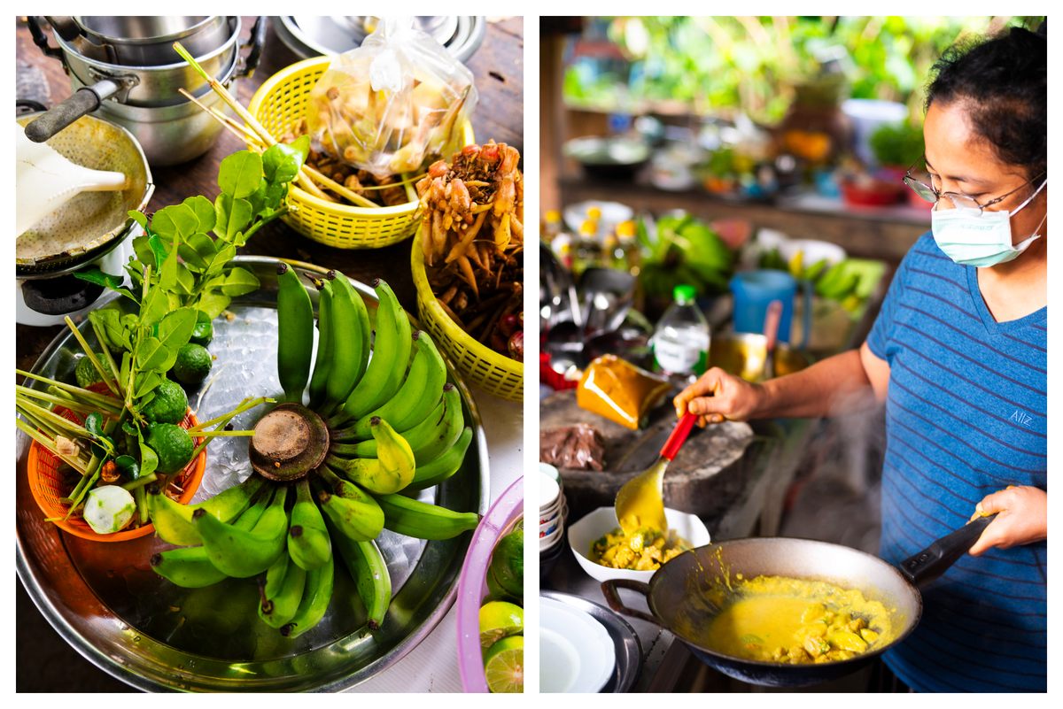 El famoso Chumphon. "bizcocho" Los plátanos protagonizan este curry de cerdo. [left]; El curry de cerdo se sirve en tazones en Yay Puad. [right]. 