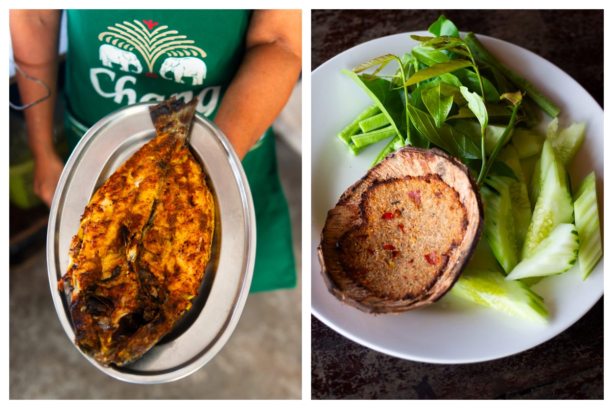 El salmonete se frota con cúrcuma y pimienta negra. [left]; la pasta de cangrejo y camarones asados ​​en cáscara de coco es una especialidad en Bangpor Seafood Takho [right].