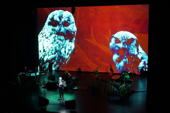 El escenario del Teatro Opera mostró una enorme pantalla de video, los músicos de Soundwalk Collective y Patti Smith. Foto Emmanuel Fernández