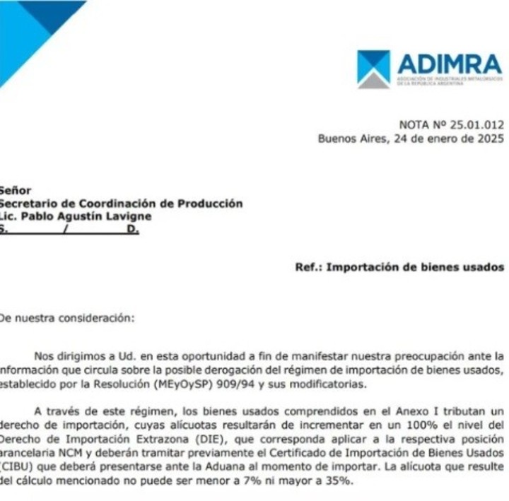 Nota de ADIMRA al Secretario de Coordinación de Producción Lavigne.