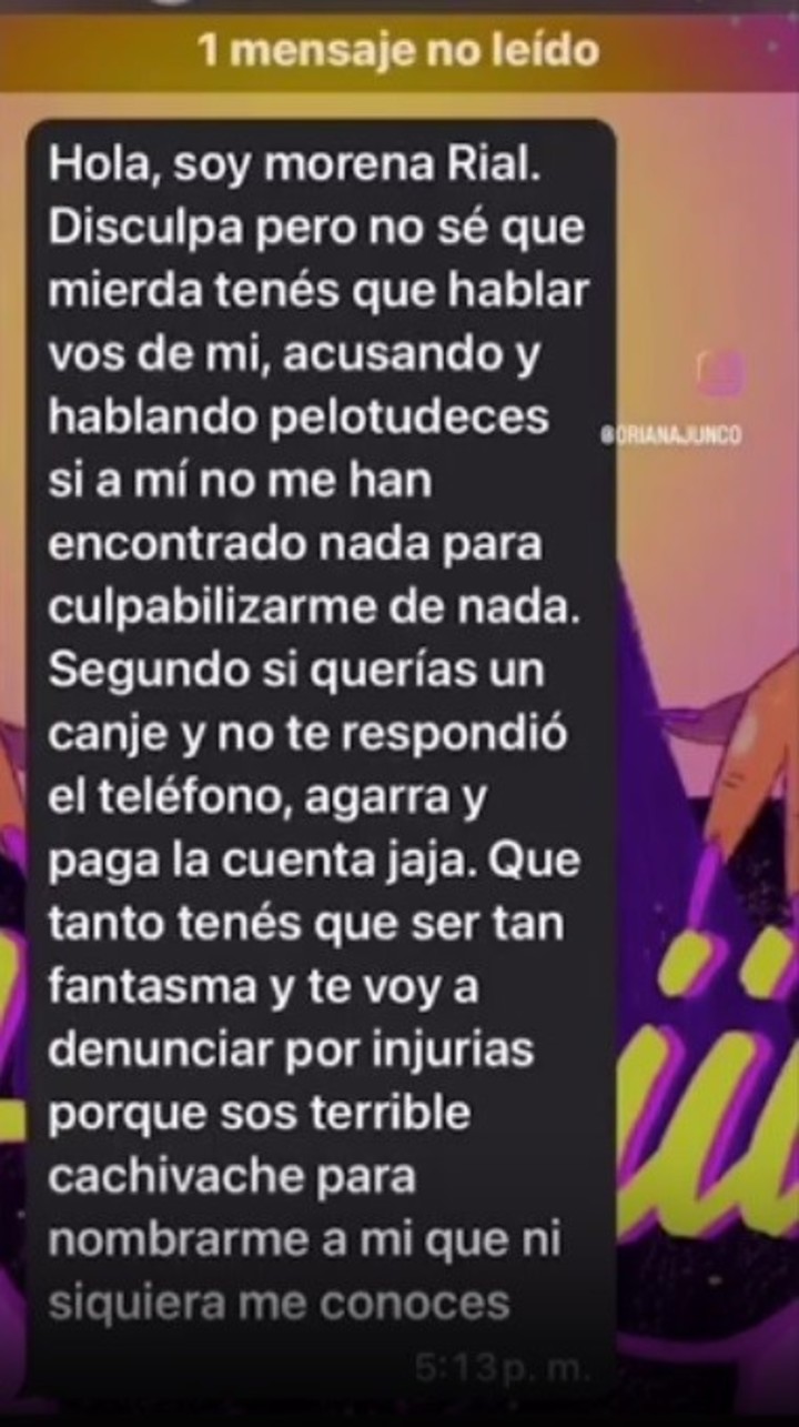 El supuesto mensaje de Morena Rial que enfureció a Oriana Junco.  Foto: Instagram