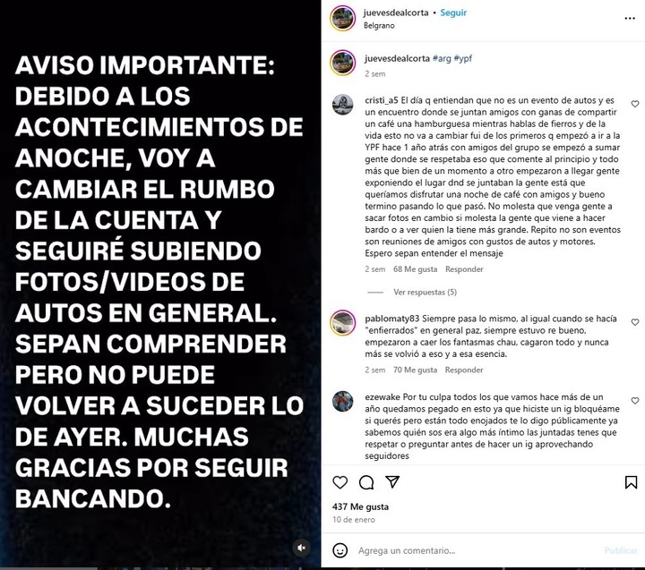 "Jueves de Alcorta". Los mensajes en Instagram por los encuentros y las picadas en Belgrano.