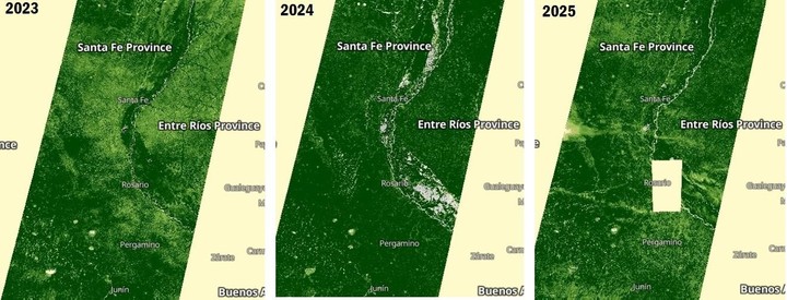 Índice de Vegetación de Diferencia Normalizada en la región núcleo según imágenes del satélite Sentinel-2 para finales de enero de las últimas tres campañas gruesas (31/01/2023, 26/01/2024 y 29/01/2025). No se dispone de la imagen en el área cercana a Rosario para el 29/01/2025. Bolsa de Comercio de Rosario