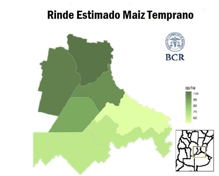 Rinde estimado de maíz temprano. Bolsa de Comercio de Rosario.