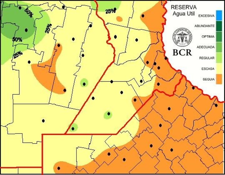 Reservas de agua en el suelo en la región núcleo al 30 de enero de 2025. Bolsa de Comercio de Rosario