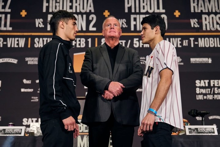 Mirco Cuello y Christian Olivo Barreda, cara a cara antes de su combate del sábado en Las Vegas.